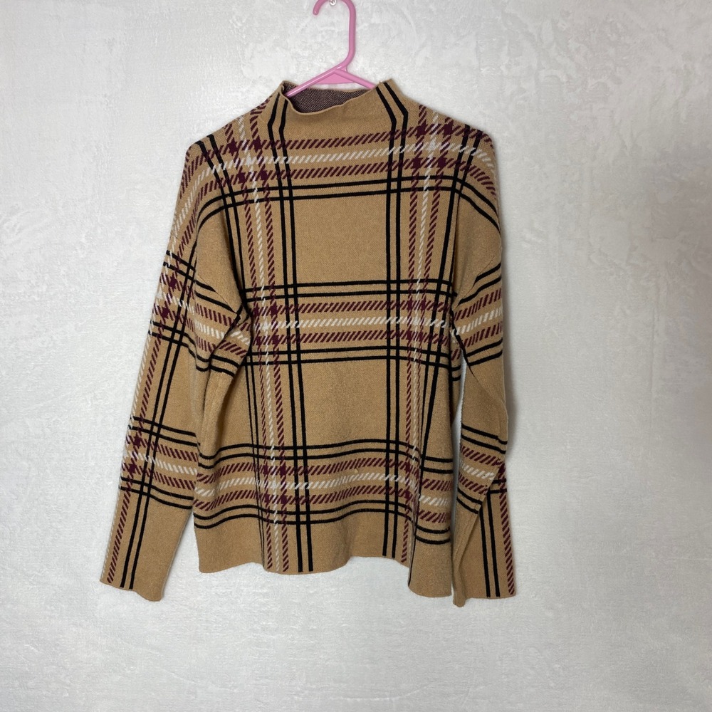 Tahari M Womens Plaid Checkered Long Sleeve Knit Sweater Pullover Tan Winter